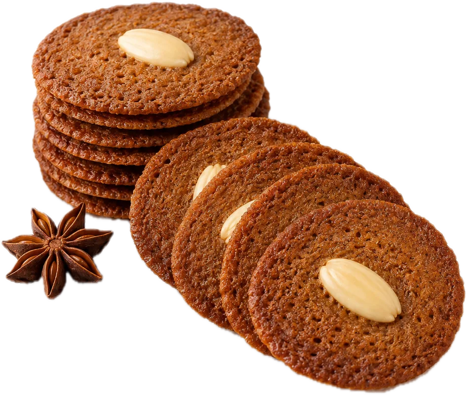 Tunna runda pepparkakor med en halv mandel på varje