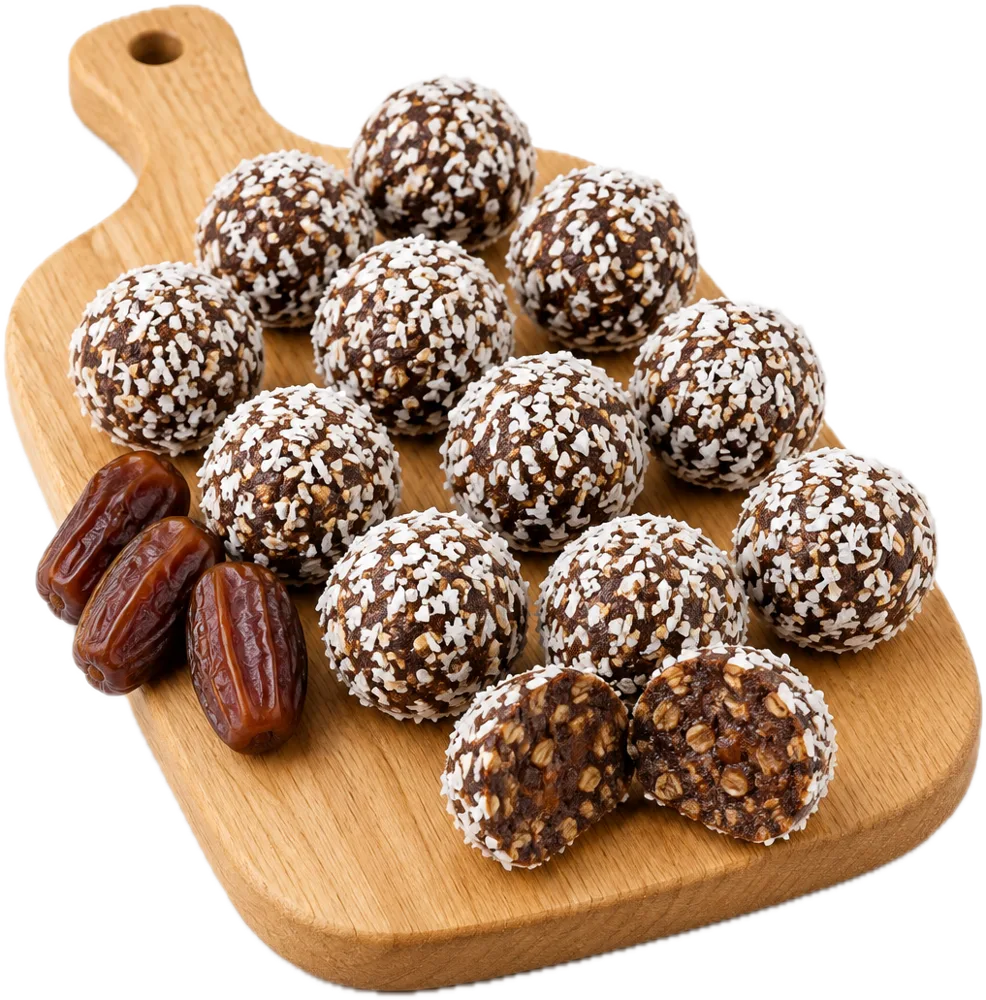 Chokladbollar rullade i kokos, en av dem delad på mitten