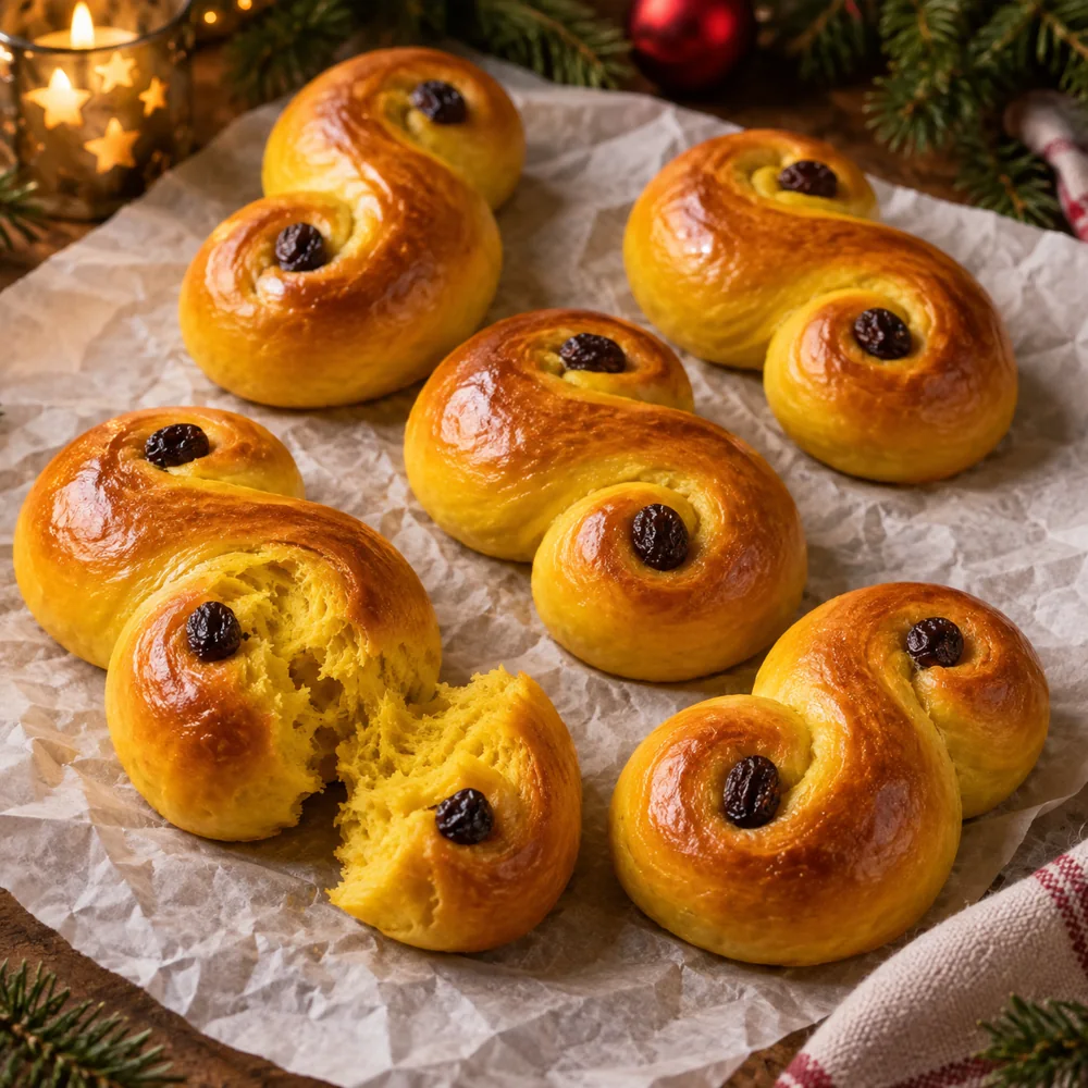 Gyllene lussekatter med russin på bakplåtspapper