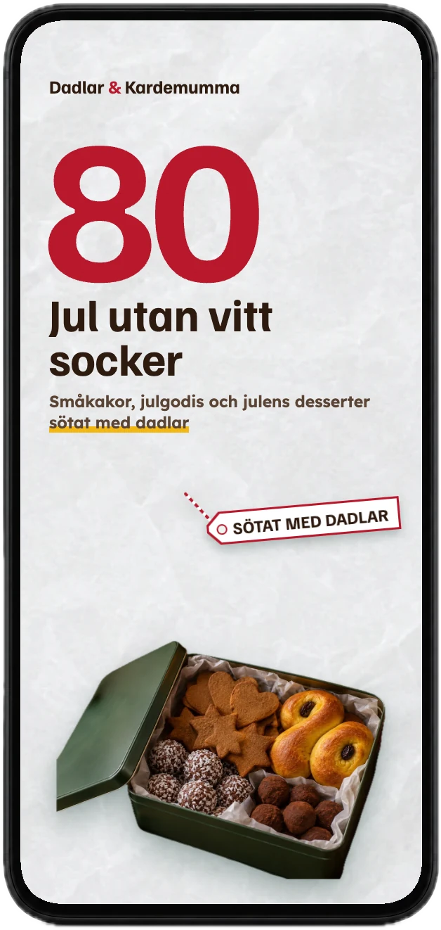 Framsidan av kokboken Jul utan vitt socker i en mobil