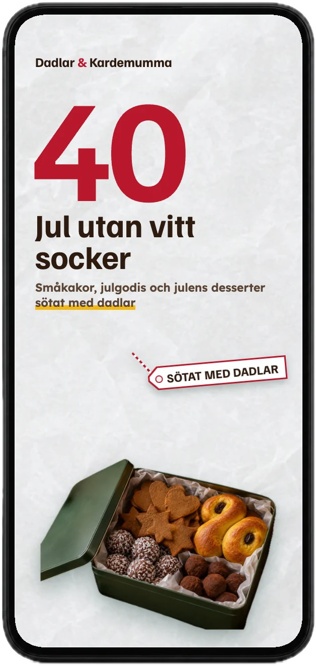 Framsidan av kokboken Jul utan vitt socker i en mobil