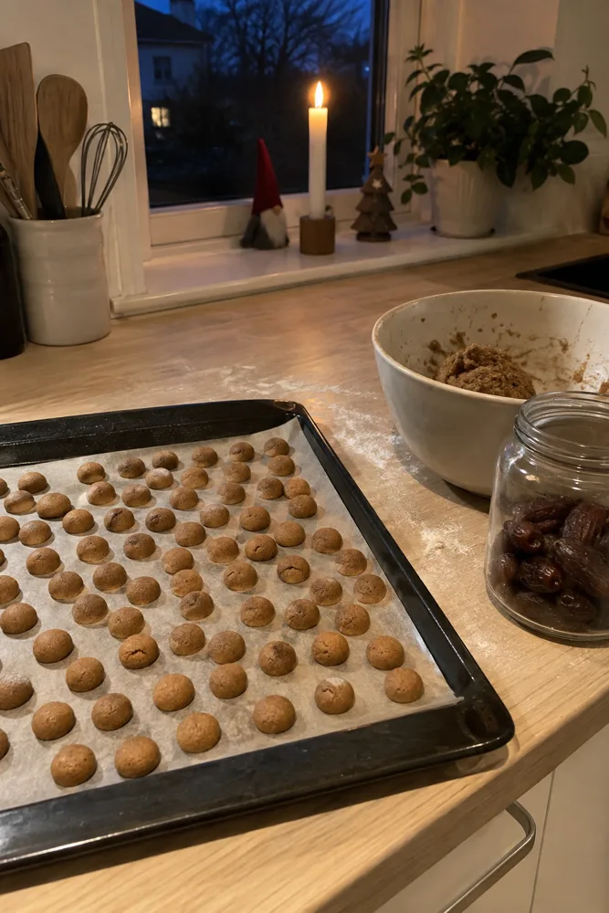 Plåt med nygräddade små pepparnötter på köksbänken en novemberkväll