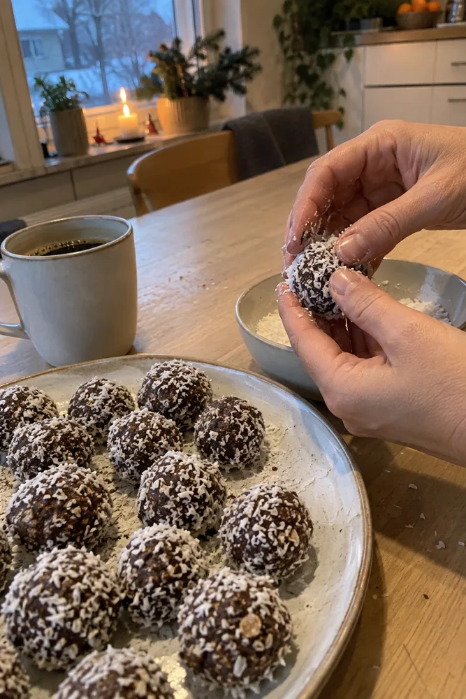 Händer som rullar chokladbollar i kokos