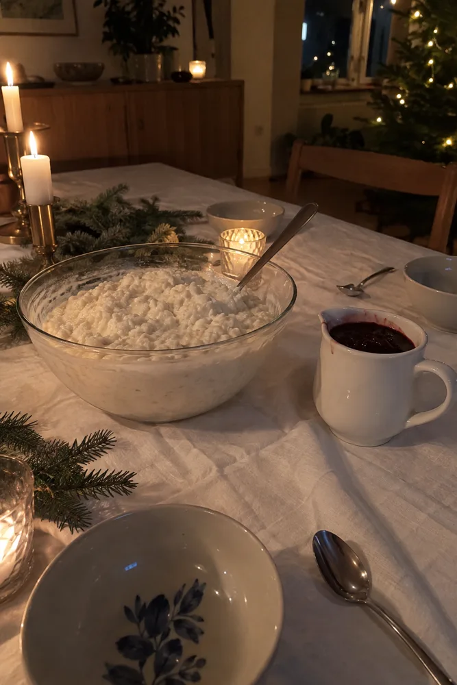 Skål med ris à la Malta och körsbärssås på julbordet