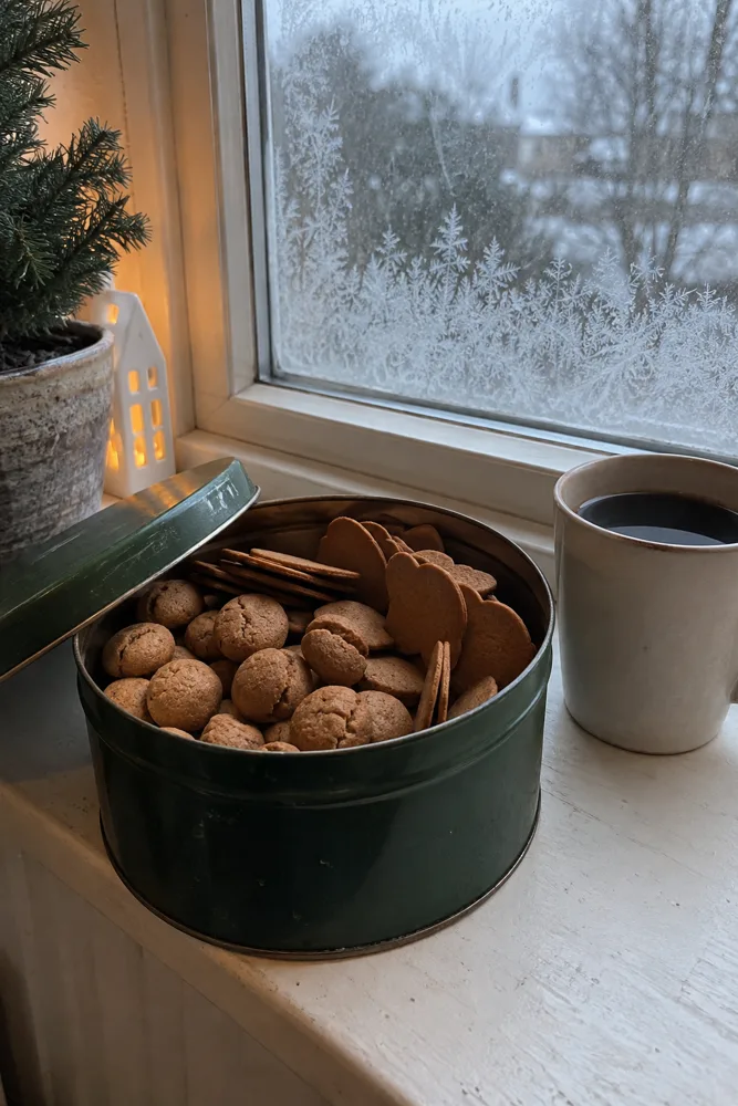 Öppen kakburk med kakor i fönstret en grå decemberdag